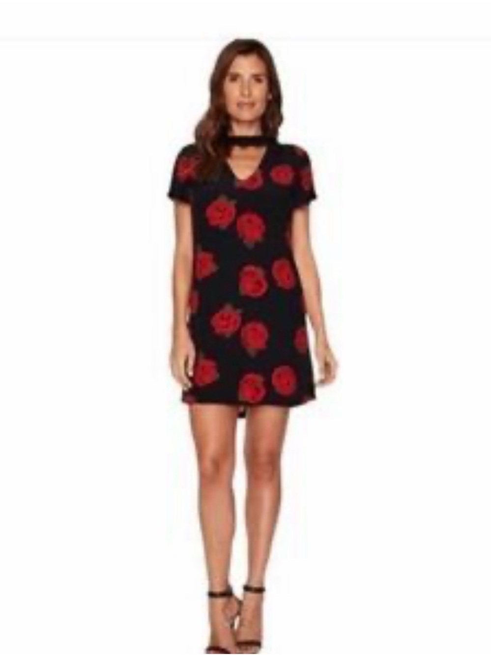 Sanctuary Black Mini Dress with Red Floral Print and Choker Neck